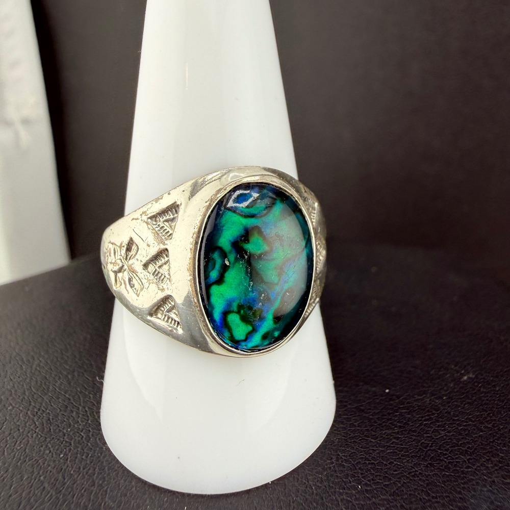 Vintage Abalone Ring Silver Tone Oval Green Blue Signet Sz 10.5 READ